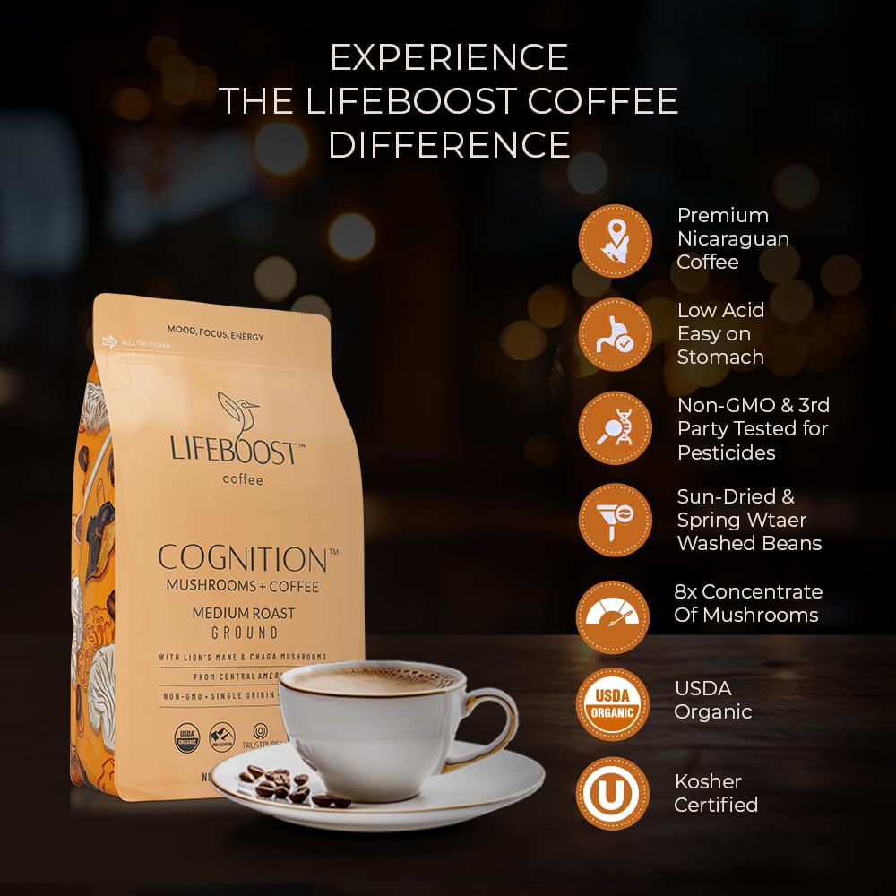 Lifeboost Cognition Focus Coffee for Calm Energy - Lion’s Mane Mushroom Coffee with Chaga - Organic Medium Roast Nootropic Coffee - Low Acid Adaptogenic Coffee - 12 oz Ground
