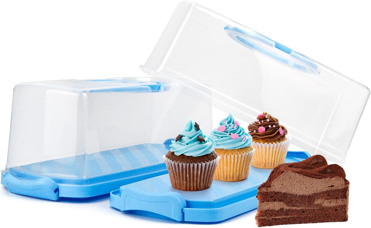 2-Pack Plastic Rectangular Bread Box with Clear Lid, Loaf Cake Keeper, Portable Bread Keeper Storage Container with Handle (Blue)
