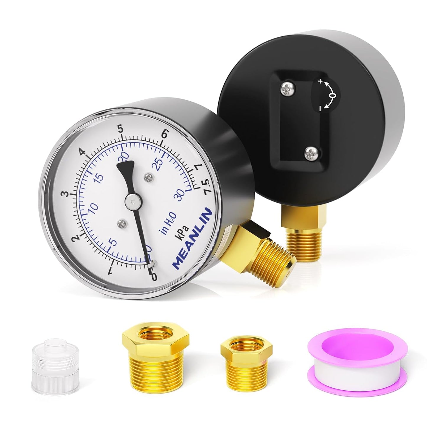 MEANLIN MEASURE 0-30 in H2O Diaphragm Type Capsule Low-Pressure Gauge, Water Column Gauge, 2.6" Dial, 1/4" NPT, Rear Adjustable Knob, with 1/2" NPT and 3/8" NPT Hex Bushing, Lower Mount