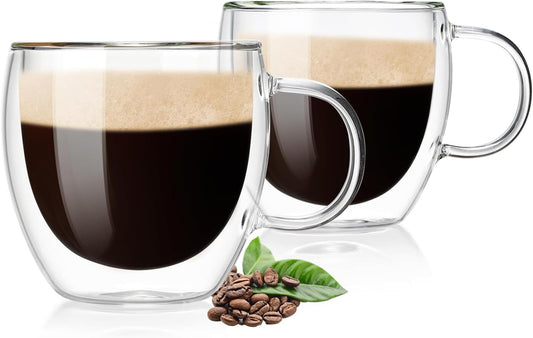 6.7oz Double Wall Espresso Cups Set of 2 With Handle, Clear Expresso Shots Cup, Double Wall Insulated Espresso Mugs, Tazas