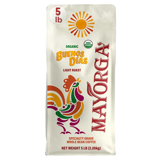 Mayorga Organic Coffee 5lb Buenos Dias - Light Roast Whole Bean Coffee Specialty Grade, 100% Arabica, Slow Roasted, Citrusy