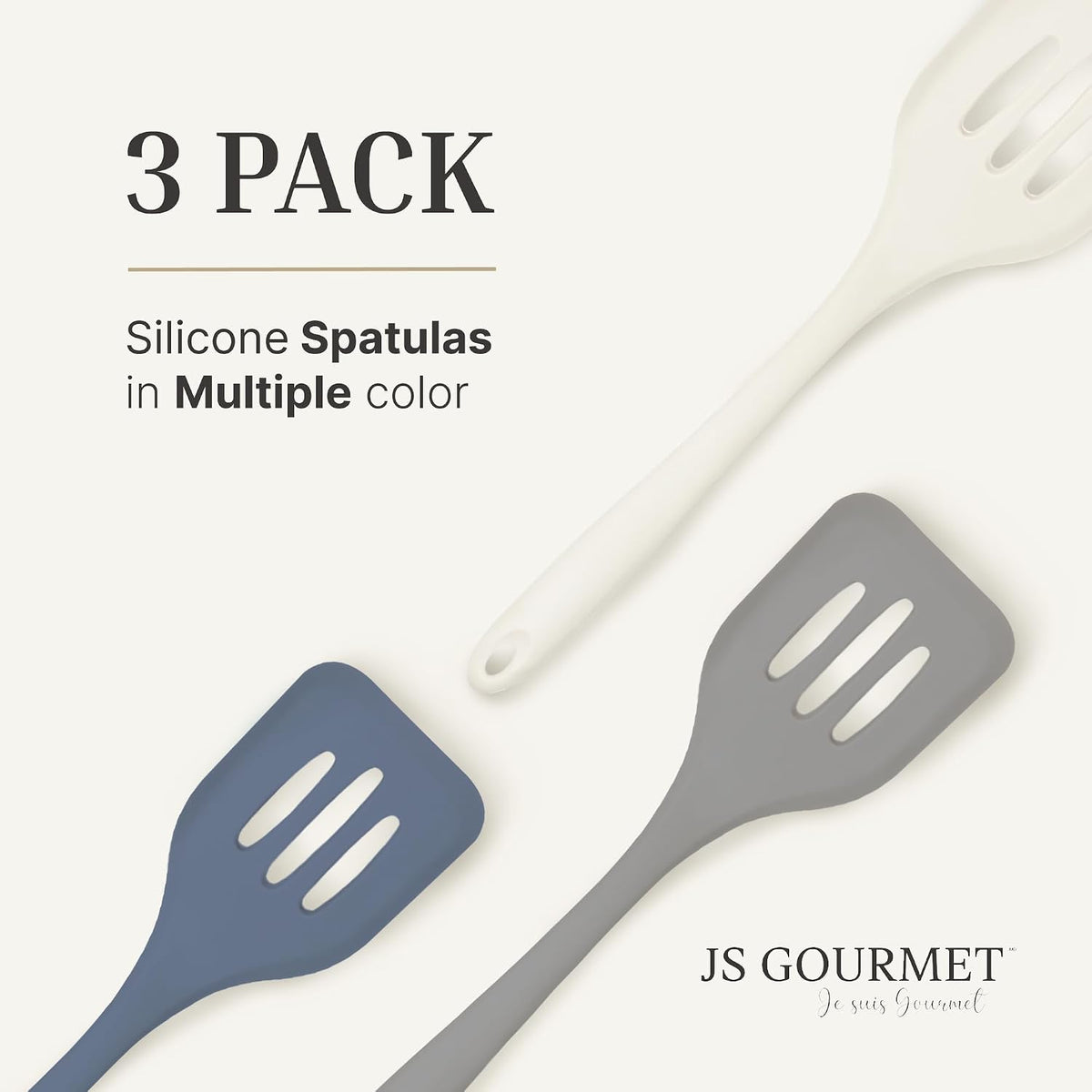 JS Gourmet 3 Pcs Colorful Silicone Slotted Turner Set, Heat Resistant Non-Scratch Kitchen Spatula Flipper with Comfortable Handle for Non-Stick Cookware