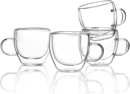ZONEYILA Double Wall Glass Coffee Mugs Set of 4-6 OZ Insulated Coffee Cups - Clear Glass Drinkware with Handle for Double