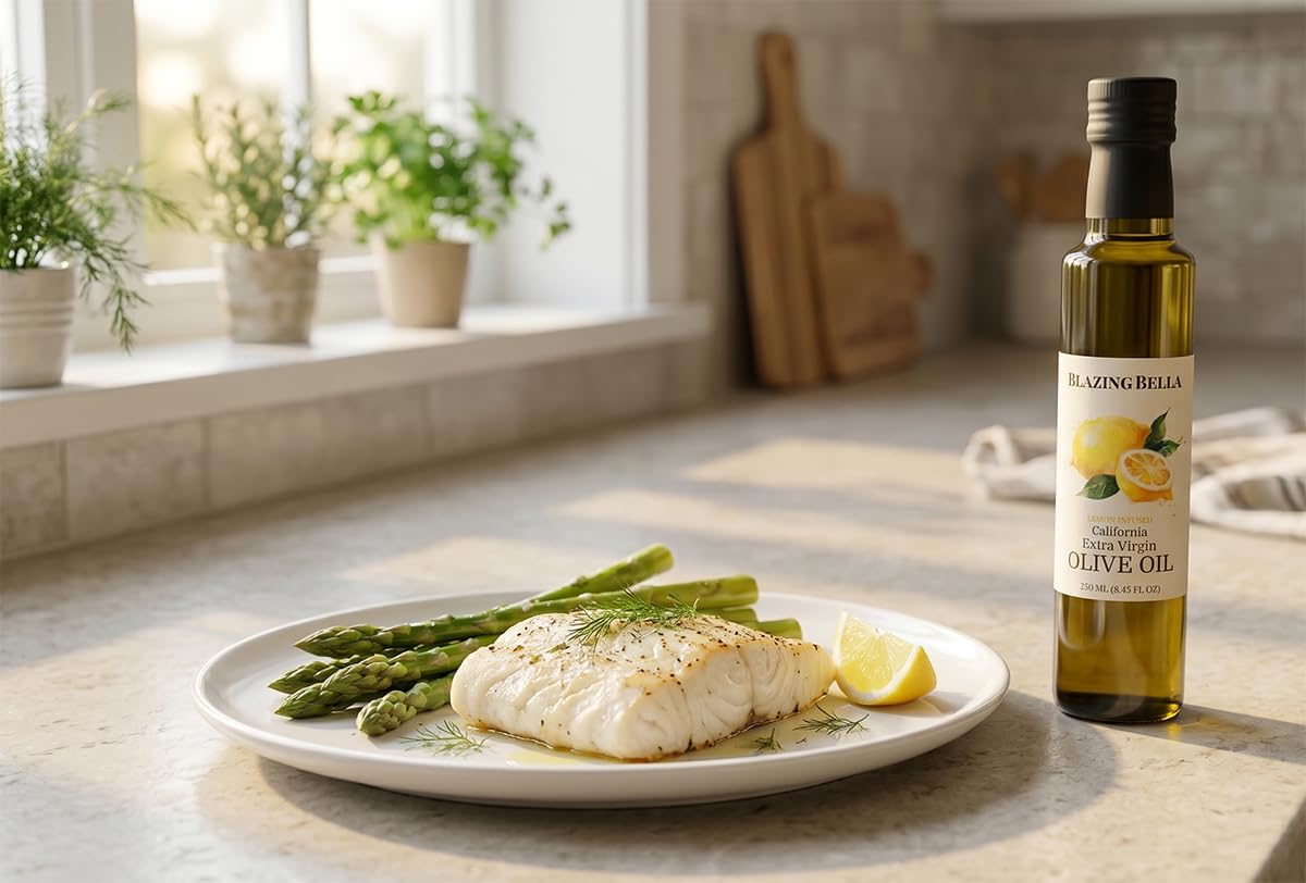 Blazing Bella Lemon Infused Extra Virgin Olive Oil – Bright Meyer Lemon Flavor, Cold Pressed California Olive Oil, Perfect for Salads, Seafood, and Finishing – 8.45 fl oz (250ml)