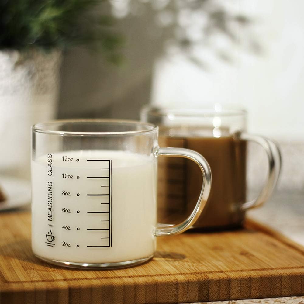 LUXU Glass Coffee Tea Cups Set of 2,Clear Coffee Mugs for Hot or Cold Beverages,Large Wide Mouth Drinking Glasses,Perfect for Mocha,Latte,Milk,Cappuccino,Water and Juice -14 oz Measuring Cups