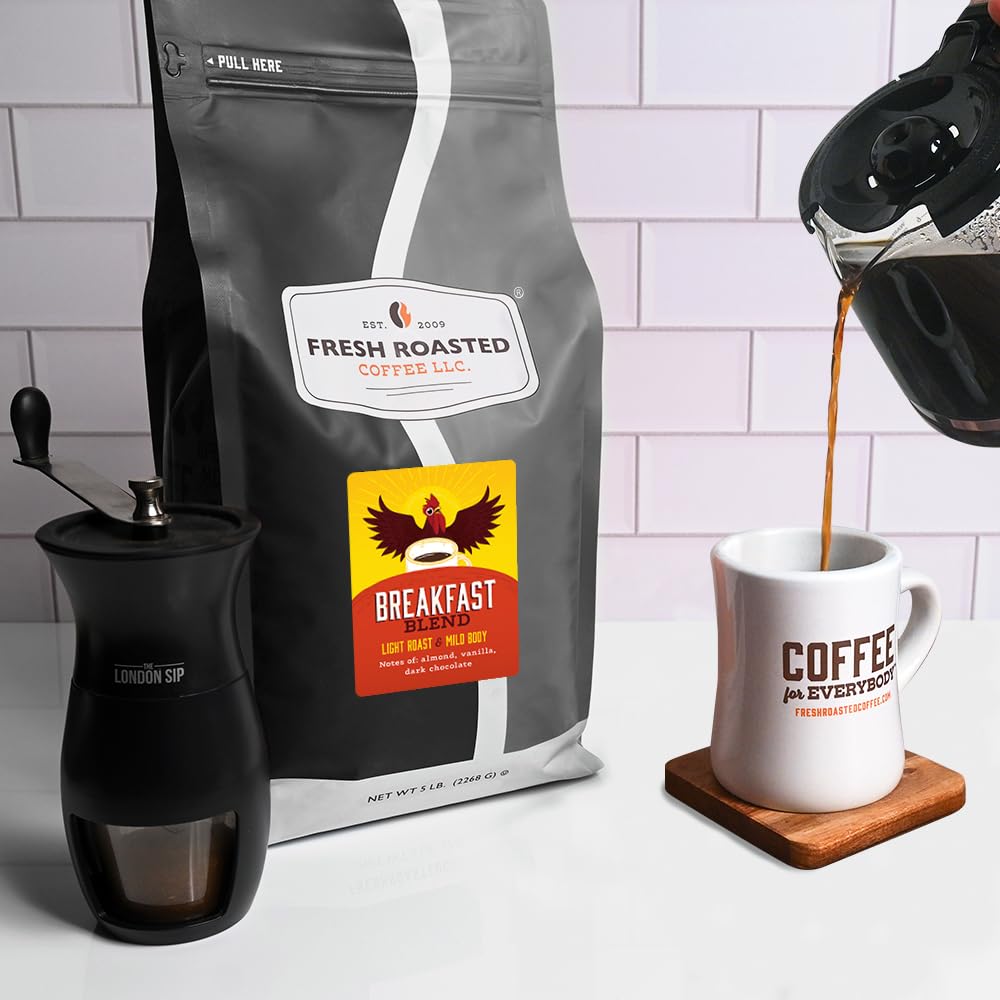 Fresh Roasted Coffee, Breakfast Blend Drip Ground Coffee, Light Roast, Kosher, 5 lb (80 oz)