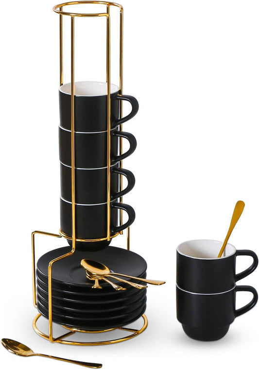 Lareina Porcelain 3-Ounce Espresso Cups Set of 6, Small Stackable Coffee Cups with Saucers, Spoons and Metal Stand - Ceramic