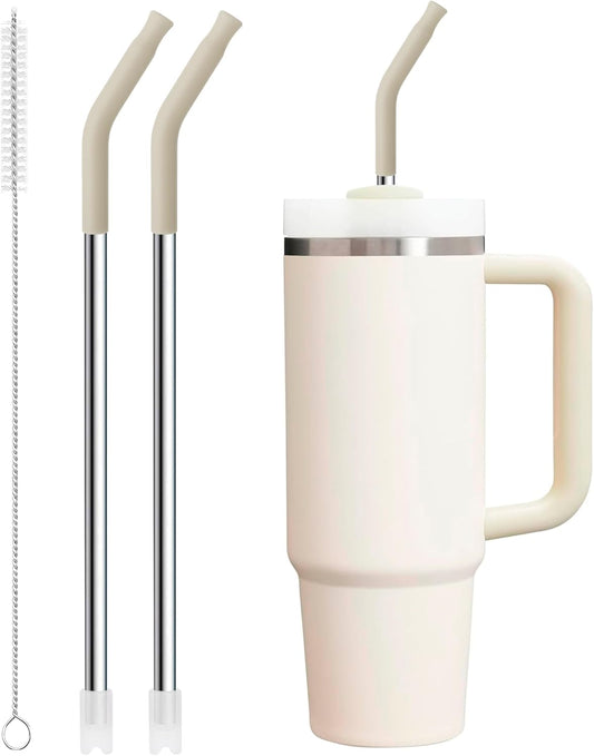 Snowfall Metal Straw Reusable for Stanley 30 OZ, 2 Pcs Long Stainless Steel Drinking Straws with Silicone Tip, 1 Straw