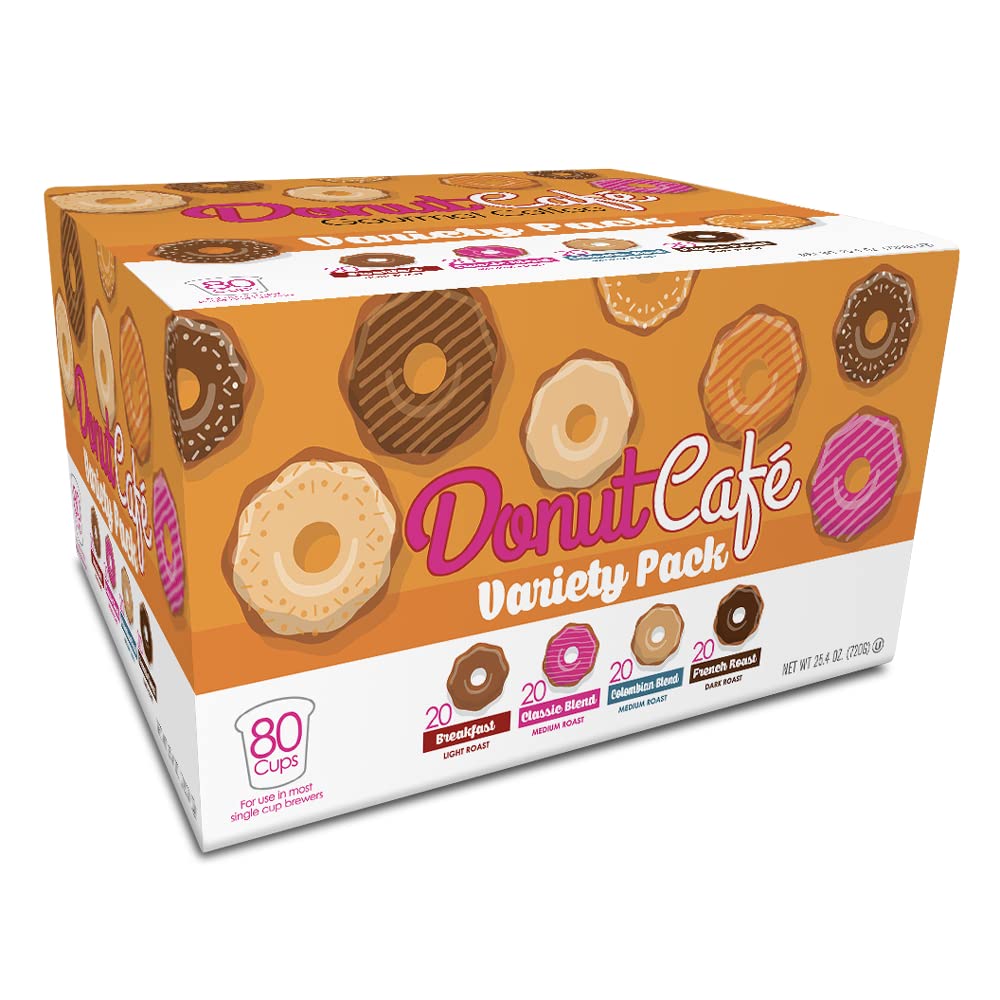 Donut Café K-Cup Coffee Pods, Light Medium and Dark Roast, Variety 80 Count | Variety Pack Includes 20 Breakfast, 20 Colombian, 20 French Roast, and 20 Classic Blend, Compatible with Keurig K Cup Brewers