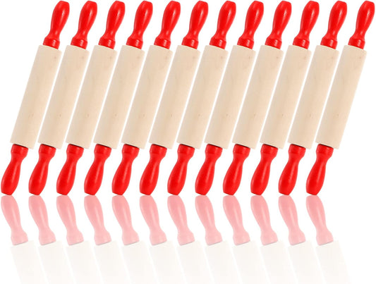 SOUJOY Set of 12 Mini Rolling Pin, 8 Inch Wood Dough Roller for Baking with Red Handle, Small Clay Rolling Pin for Craft