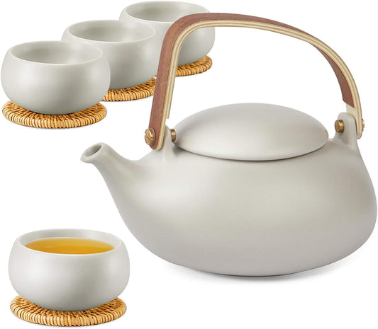 ZENS Vintage Japanese Tea Set, 27oz Ceramic Japanese Teapot with Infuser, Wood Handle Matte Gray Teapot with Strainers and 4