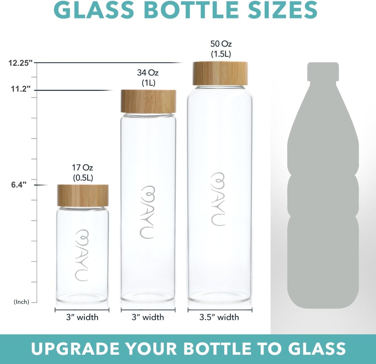mayu, Pure Glass Reusable Water Bottle w/Bamboo Lid (1 Liter), 100% Grade-A Borosilicate Glass, Modern Minimalist Design, Leak Proof, Eco Friendly, Great for Outdoor &amp; Everyday Use, Dishwasher Safe