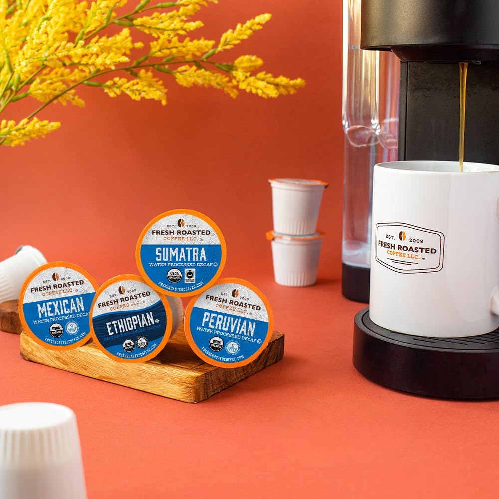 Fresh Roasted Coffee, Organic Variety Pack Water-Processed Decaf K-Cup Pods for Keurig Brewers, Medium Roast, USDA Organic, Kosher, 96 Count Loose Pack