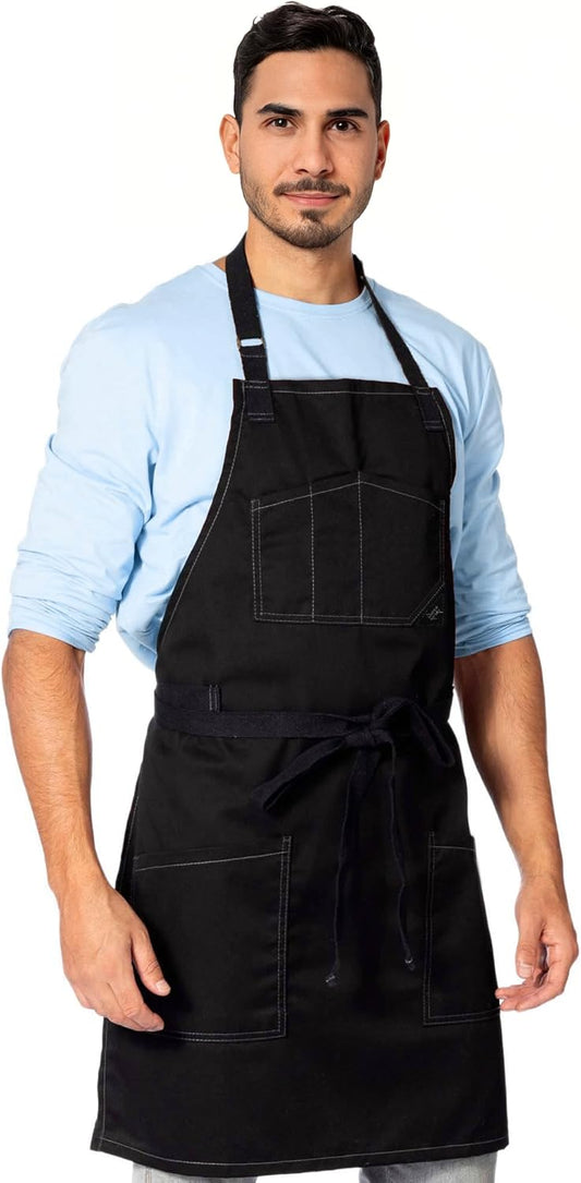 Under NY Sky Chef Apron – Professional Black Twill – Cotton Straps - Smart Pockets - Adjustable for Men and Women – Pro