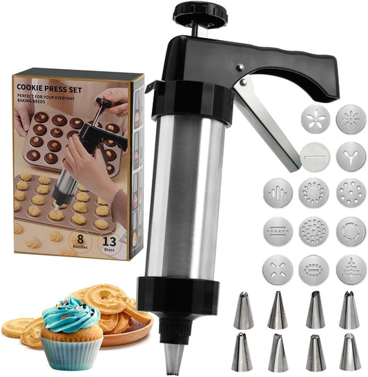 Stainless Steel Cookies Press, Cookies Press for Baking,Cookie Press Gun Kit with 13 Cookie Discs and 8 Piping Tips for DIY