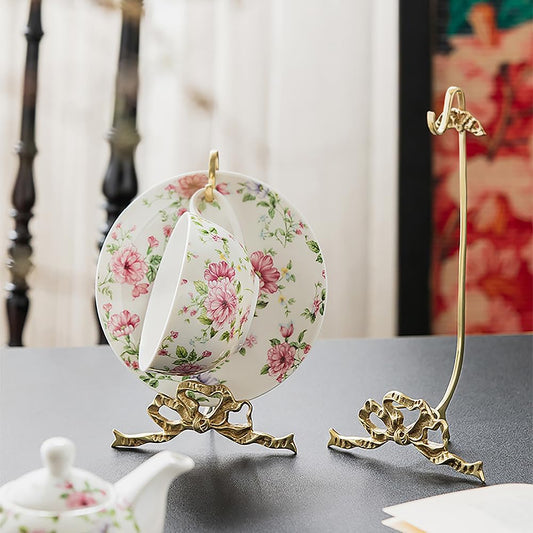 1Pcs Brass Teacup and Saucer Display Stand,Teacup Holder Stand for Display,Antique Coffee Cup Mug Holder for one Cup, Gold.