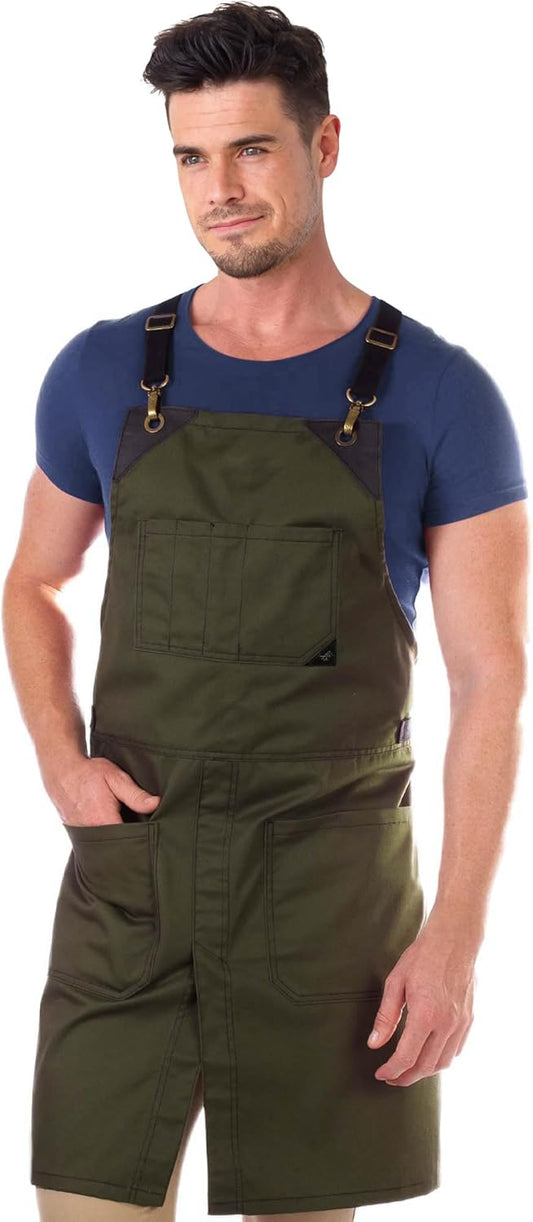 Under NY Sky Cross-Back Moss Green Apron – Durable Twill with Leather Reinforcement and Split-Leg – Adjustable for Men and