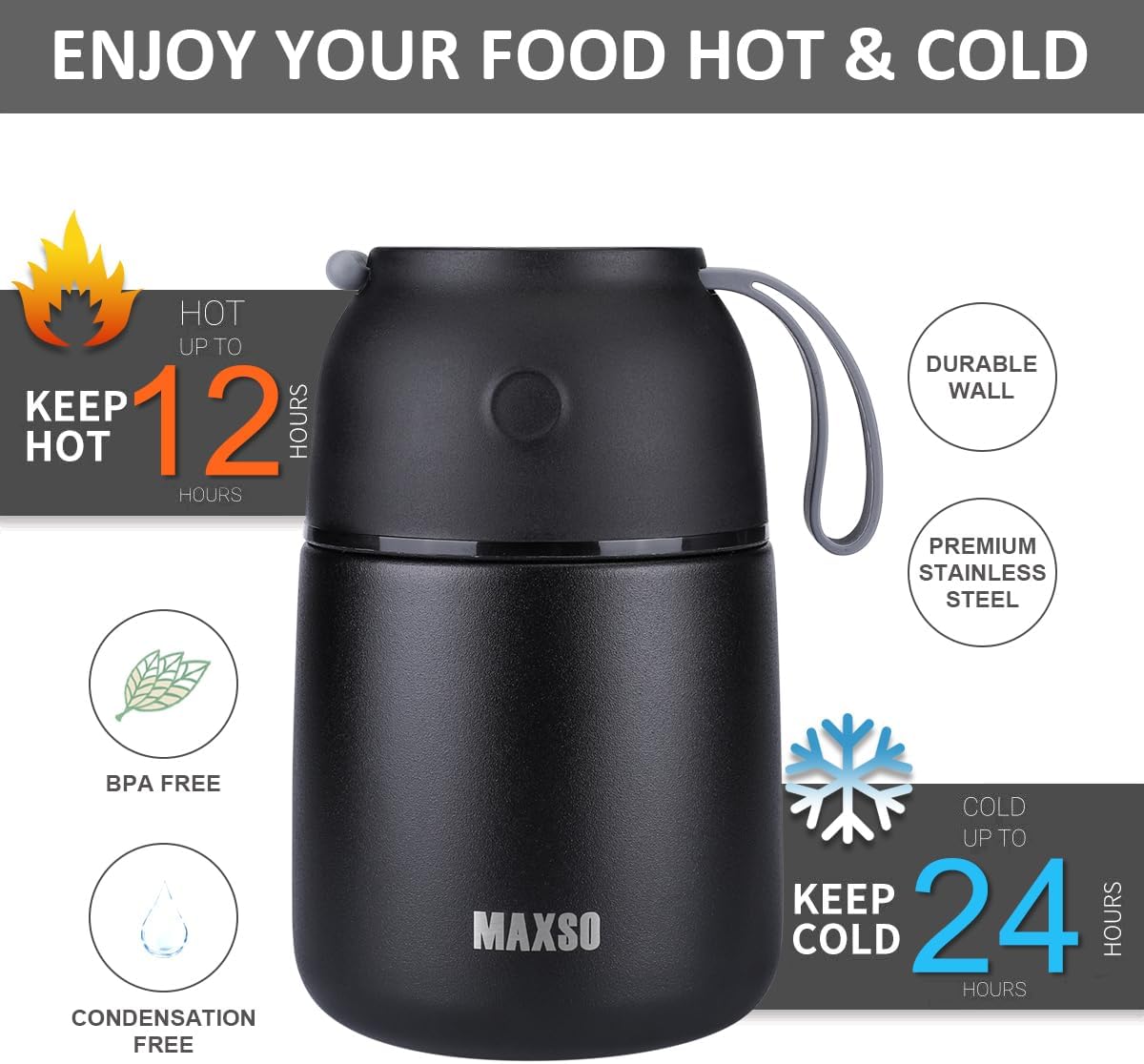 Insulated Thermo Food Jar for Hot &amp; Cold Food for Kids Adult, 17&amp;24 oz Soup Thermal Hot Food Containers for Lunch, Triple Layer Insulation Stainless Steel Food Jar with Spoon (2 Pack Black)