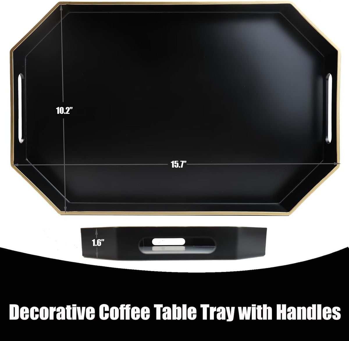 Black Decorative Tray with Handles, Octagon Versatile Serving Tray for Coffee Table, Ottoman, Ideal for Serving, Displaying, Organizing | Decorative Tray, Serving Tray for Displaying, Organizing, 15.7"*10.2"*1.57"