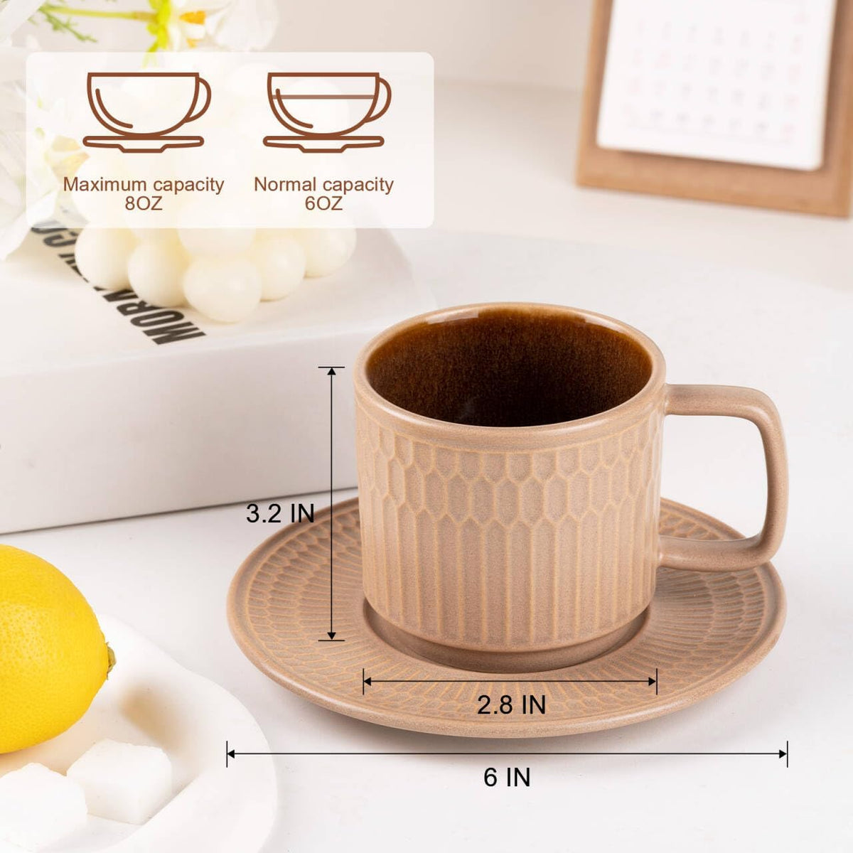 8oz Cappuccino Cups with Saucers Set of 4, 8 Ounce Stackable Embossed Ceramic Coffee Mugs for Specialty Coffee Drinks, Latte Mugs, Cafe Mocha and Tea, Dishwasher &amp; Microwave Safe (Brown)