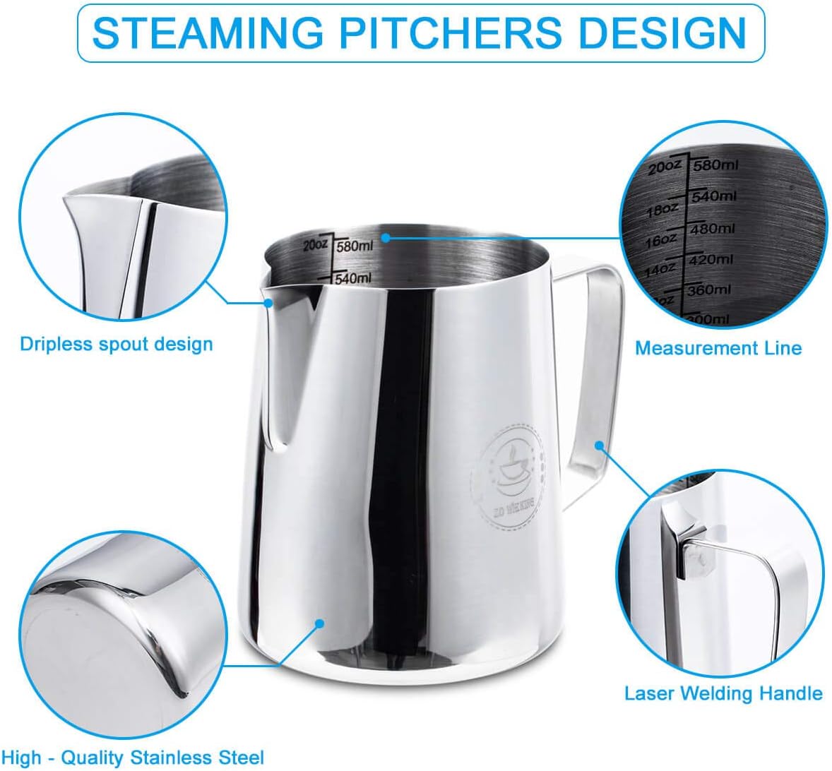 20oz Milk Frothing Pitcher, Stainless Steel Espresso Steamer Frother Cup