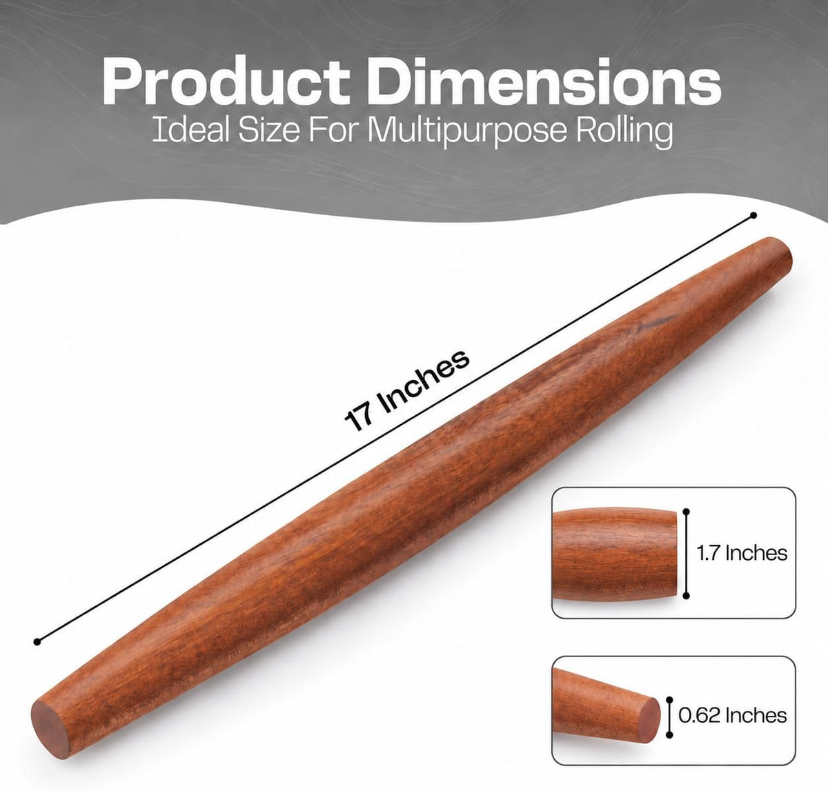 French Rolling Pin 17 Inch-Smooth Tapered Wood Roller To Roll Dough Easily