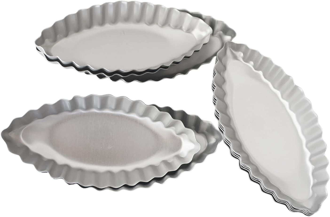 Aluminum Boat Tart Pan Fluted Oval Baking Mold, Small Wavy Tartlet | 10-Pack Flower Edge Tart Tins Pudding Tray for Small Desserts, Quiches, Pudding (4.69 x 2.24 x 0.67 Inch)