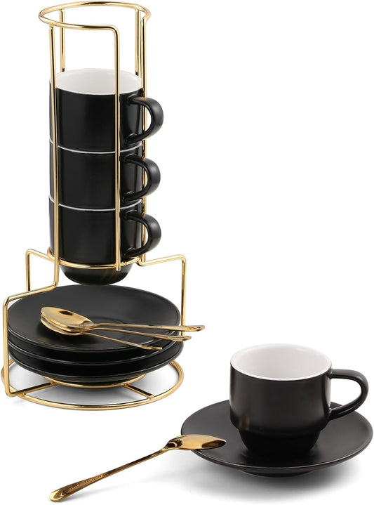 Lareina 3-Ounce Espresso Cups Set of 4, Small Stackable Coffee Cups with Saucers, Spoons and Metal Stand, Ceramic Demitasse
