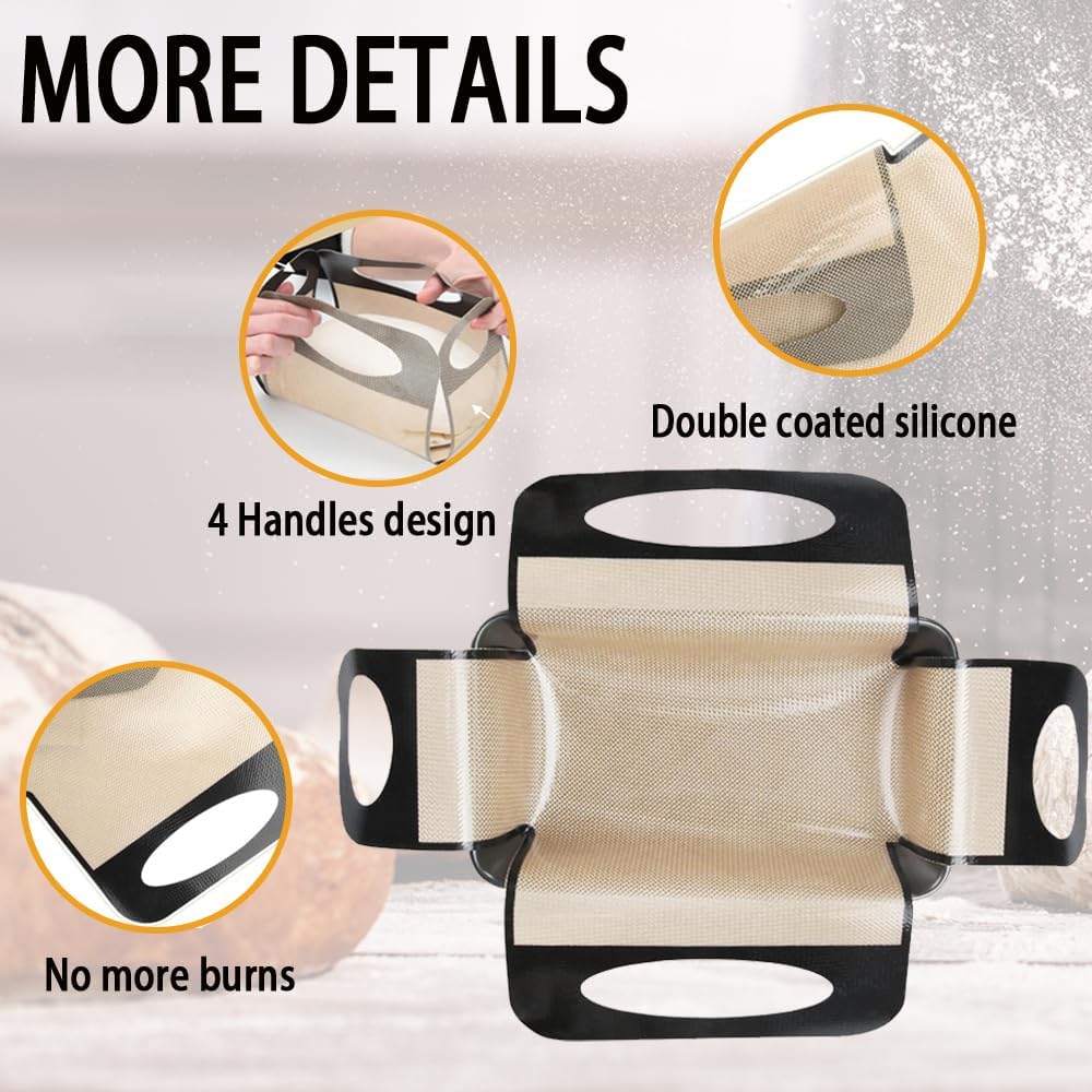 Silicone Bread Sling Mat - Reusable Sourdough Bread Making Loaf Pan Lifter Liner Non-stick &amp; Easy Clean Dough Transfer Mats with 4 Handles Fits for 9x5" or 1.5lb Loaf Pans