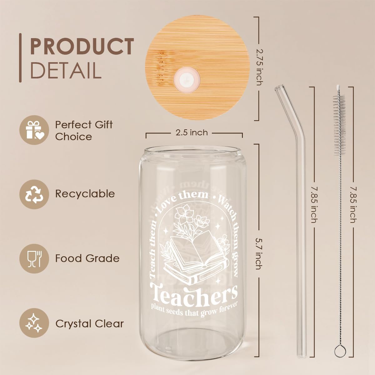 SANDJEST Teacher Glass Can, Teachers Plant Seeds That Grow Forever Cup with Lid &amp; Straw, Coffee Aesthetic Cups, Gift for Christmas Teacher Appreciation, Gifts for Women, 16oz