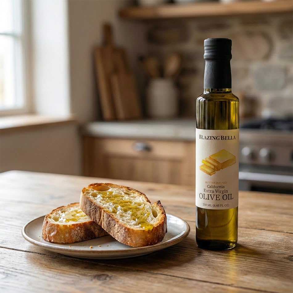 Blazing Bella Butter Olive Oil – Buttery Extra Virgin Olive Oil for Popcorn, Cooking &amp; Finishing – Cold-Pressed California Olive Oil – 8.45 fl oz (250ml)