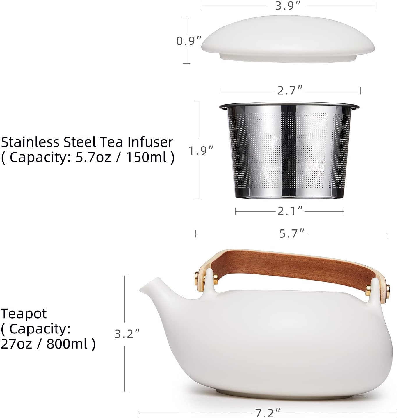 ZENS Ceramic Teapot with Infuser, 27oz Japanese Teapot for Loose Leaf Tea | Matte White Minimalist Tea Pot with Infusers for Loose Tea Steeper for Women Gifts, Modern Bentwood Handle