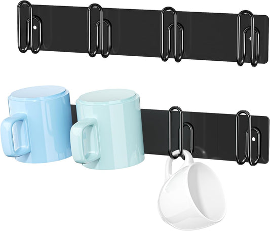 Mug Holder Wall Mounted, 2 Pack Black Coffee Cup Hooks, Metal Mug Rack for Kitchen, Modern Unique Cabinets Cups, Cup Holder