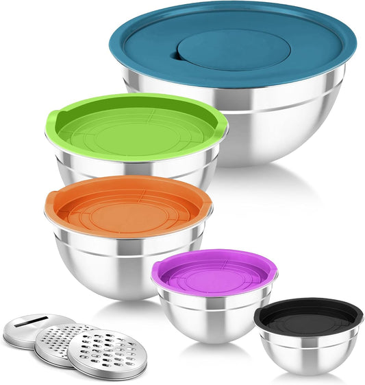 TeamFar Mixing Bowls with Lids, 5PCS Stainless Steel Metal Salad Bowl with 3 Grater Attachments, for Cooking, Prepping,