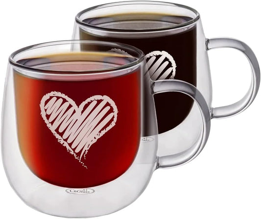 CNGLASS Double Walled Glass Coffee Mugs 10oz,Large Insulated Espresso Cups,Set of 2 Clear Glasses Cappuccino Mug with
