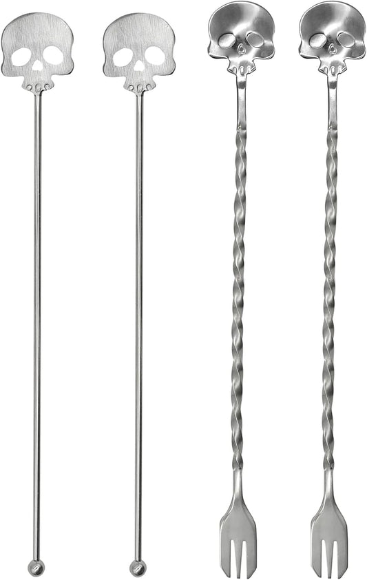 4Pcs Skull Swizzle Stick Bar Spoon Set Reusable Mixing Spoon 18/10(304) Stainless Steel Coffee Stirrer for Bar Home