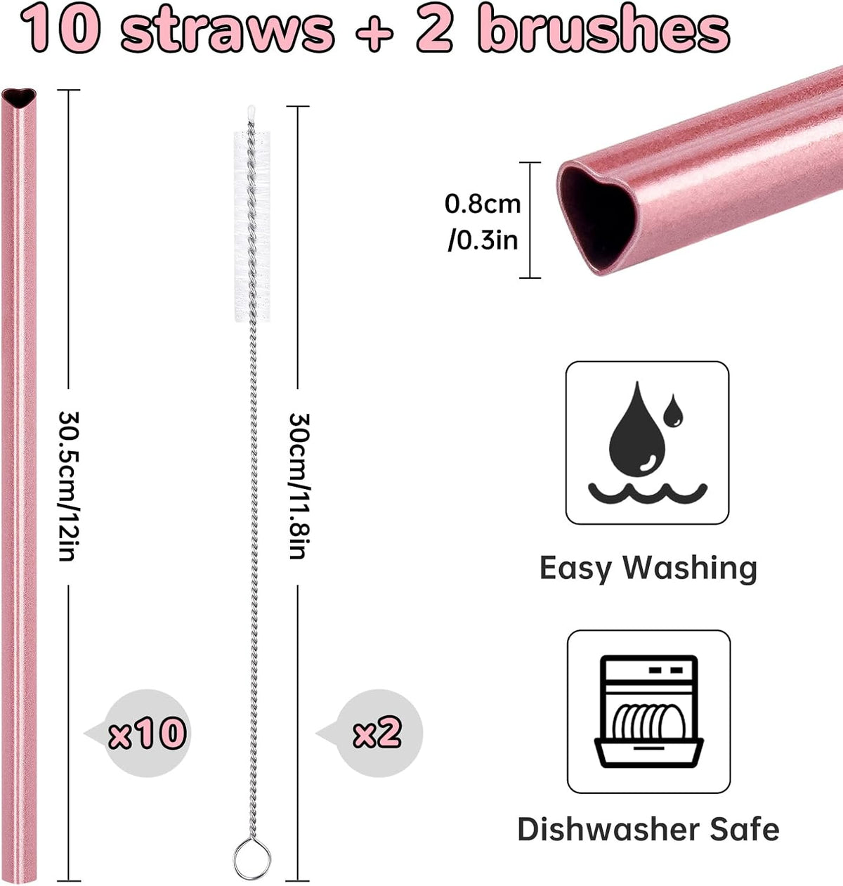 NiHome 12” Heart-Shaped Stainless Steel Straws Fit for Stanley Tumbler 40oz | 10-Pack Metal Straws with 2 Brushes for Holiday, Valentine’s Day, Reusable Drinking for Smoothie Milkshake (Pearl Pink)
