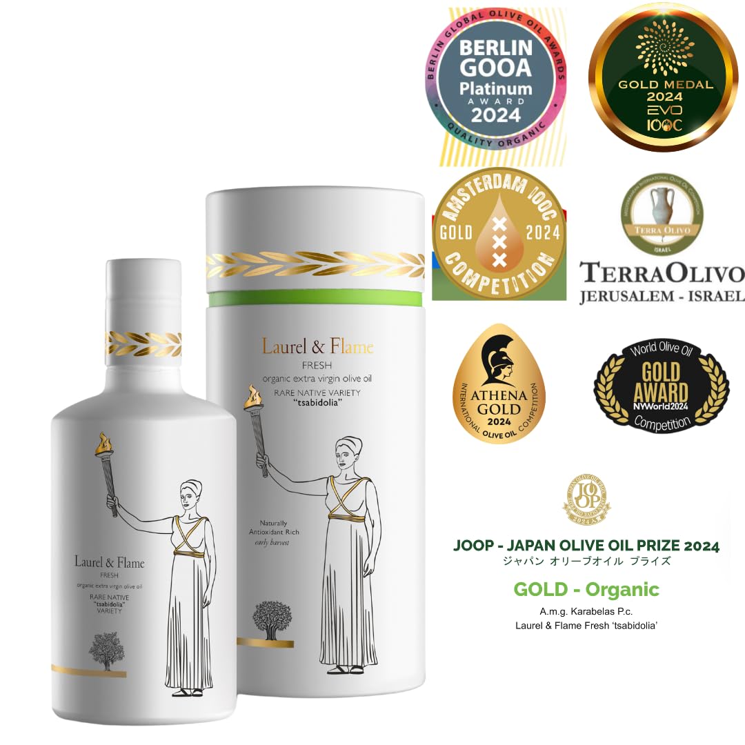 Laurel &amp; Flame Fresh - Extra Virgin Olive Oil - "Best Greek Olive Oil" Award - Cold Pressed - Polyphenol Rich (1,212 MG/KG) - USDA-Organic - 90X Hydroxytyrosol Polyphenols - Early Harvest - Single Origin - Rare Local Olive Variety - 500 ml (16.9 fl oz