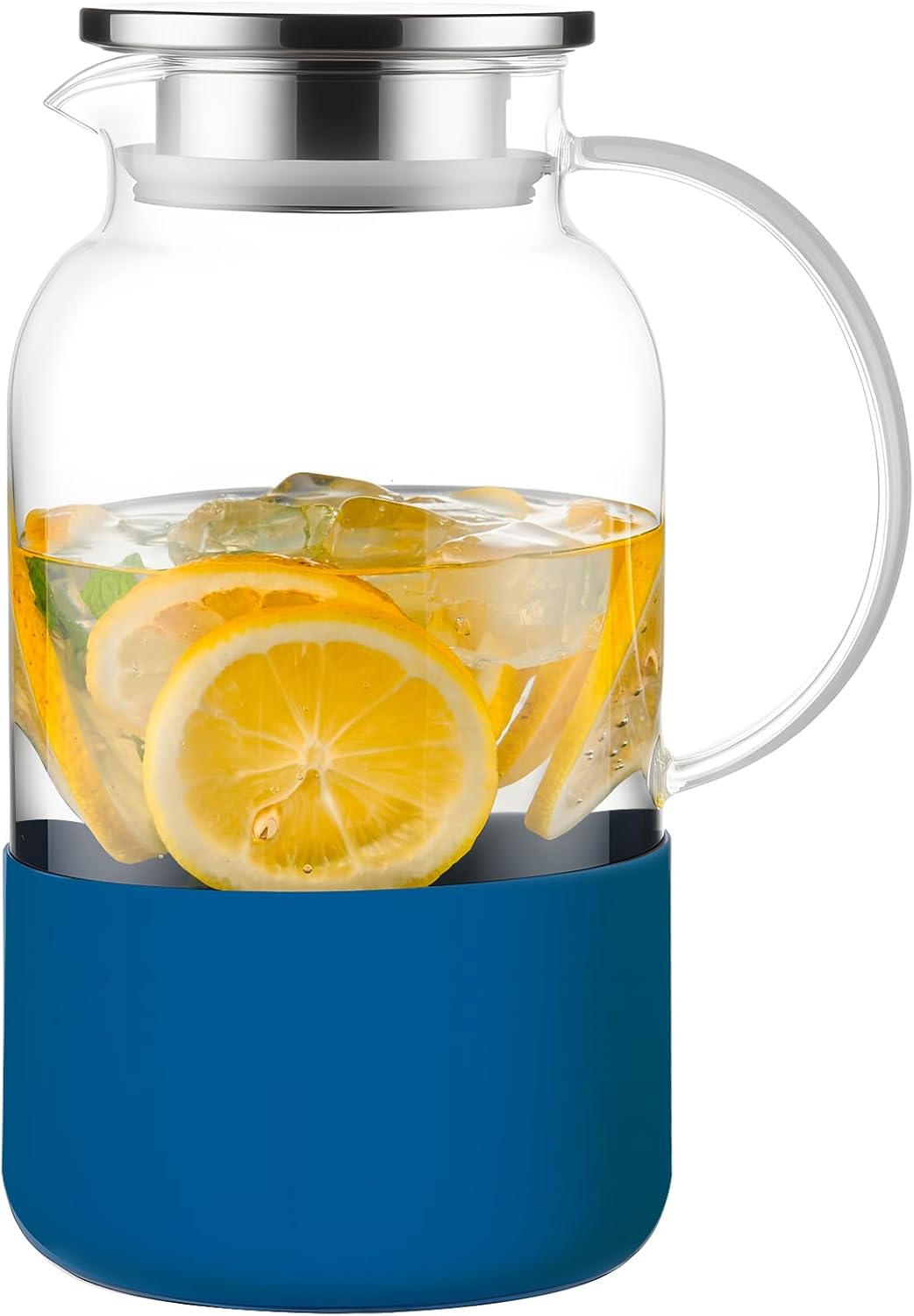 PARACITY Glass Pitcher with Lid, 61oz Water Jug Handle, Blue Silicone Base | Borosilicate carafe has dual pour ports, wide mouth and removable silicone sleeve for hot or cold juice, milk and iced tea