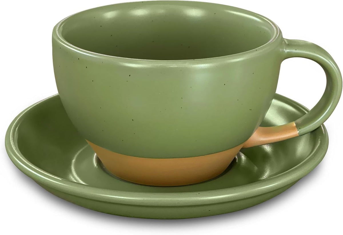Mora Ceramic Latte Art Mug With Saucer - 10.5 oz, Round Bottom For Perfect Pours - Cafe Cups for Cappuccino, Espresso, Coffee, Tea etc - Porcelain Set for Baristas, Great Gift - Moss Green