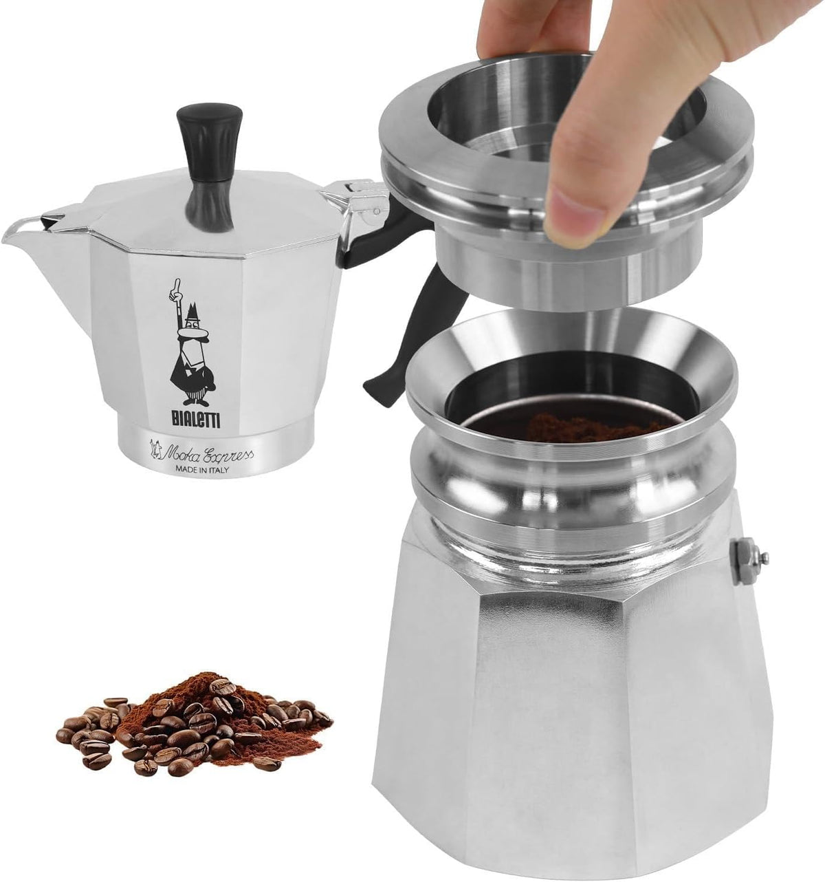 4-6-Cup Moka Pot Tamper, 304 SS Dosing Funnel &amp; Distributor, Silver | Suitable for Moka pots with a diameter of 2.76-2.83 Inches