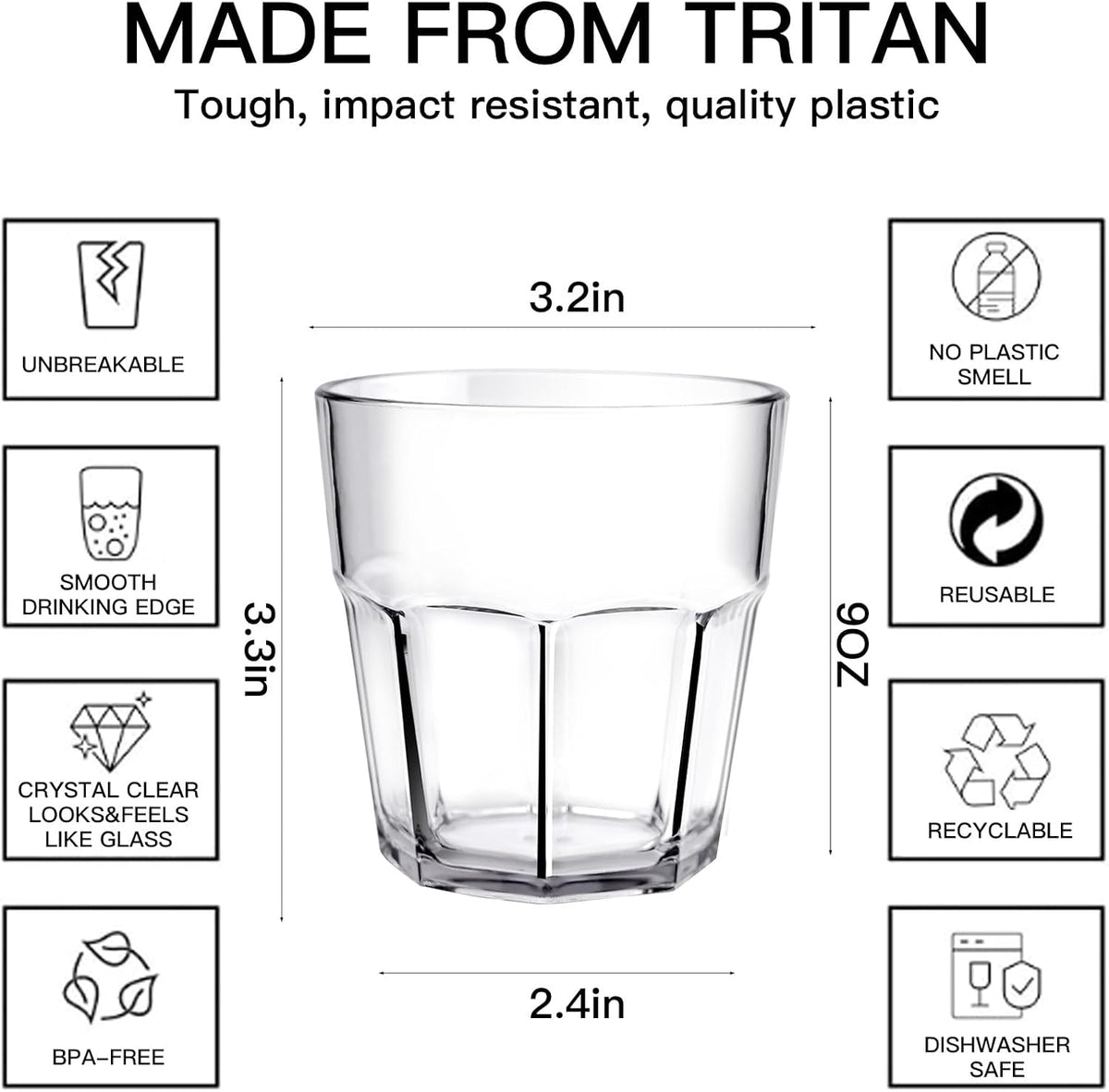 Plastic Drinking Glasses Shatterproof Set of 4, 9oz Unbreakable Tritan Tumblers, BPA-Free &amp; Dishwasher Safe, Kids-Friendly for Juice and Beverages