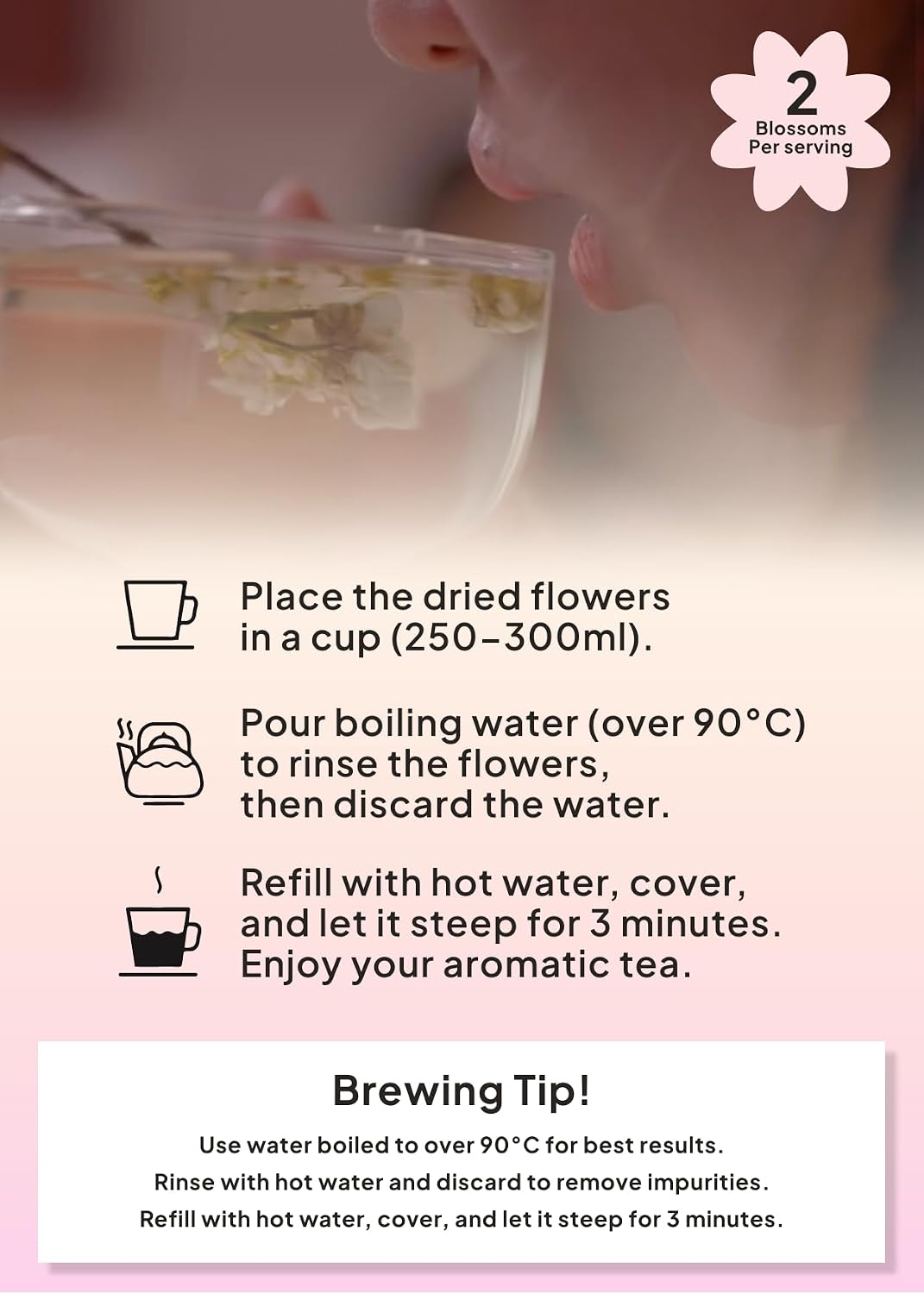 Korean Food KKOKDAM Cherry Blossom Flower Tea, Decaf Floral Blend, 10g | Decaf cherry blossom flower tea made with whole flowers, caffeine free, sugar free, and zero calories. Made in Korea.