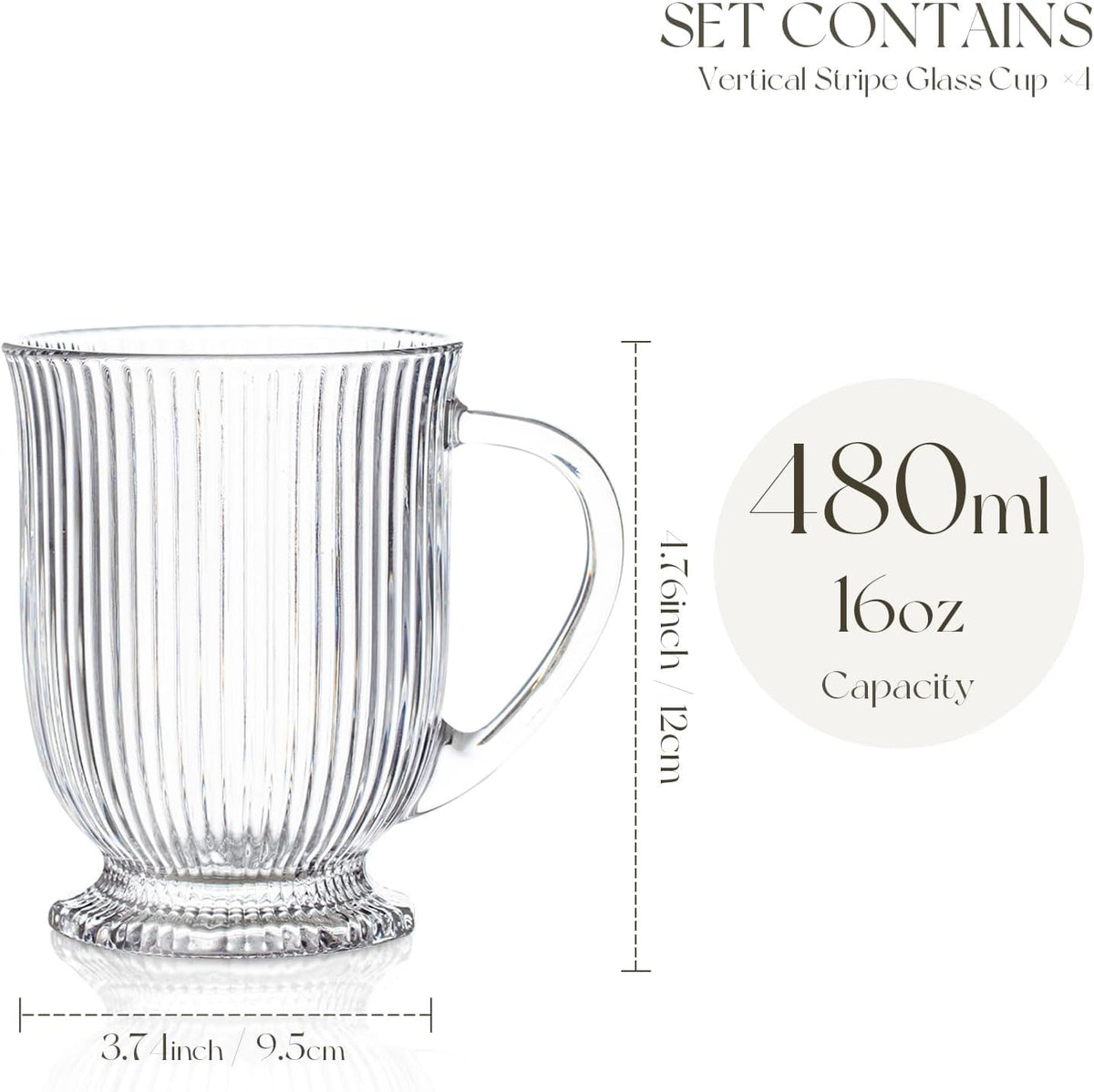 Ribbed Glass Coffee Mugs Set of 4,16 Oz Clear Diner Cups,Large Espresso Cups with Spoon, Glass Mugs with Handle Latte Cup with Footed Base for Hot Beverages,Cappuccino Cups, Stylish Drinkware