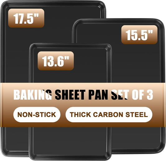Baking Sheet Pan Set of 3, Nonstick Commercial Cookie Sheets for Baking