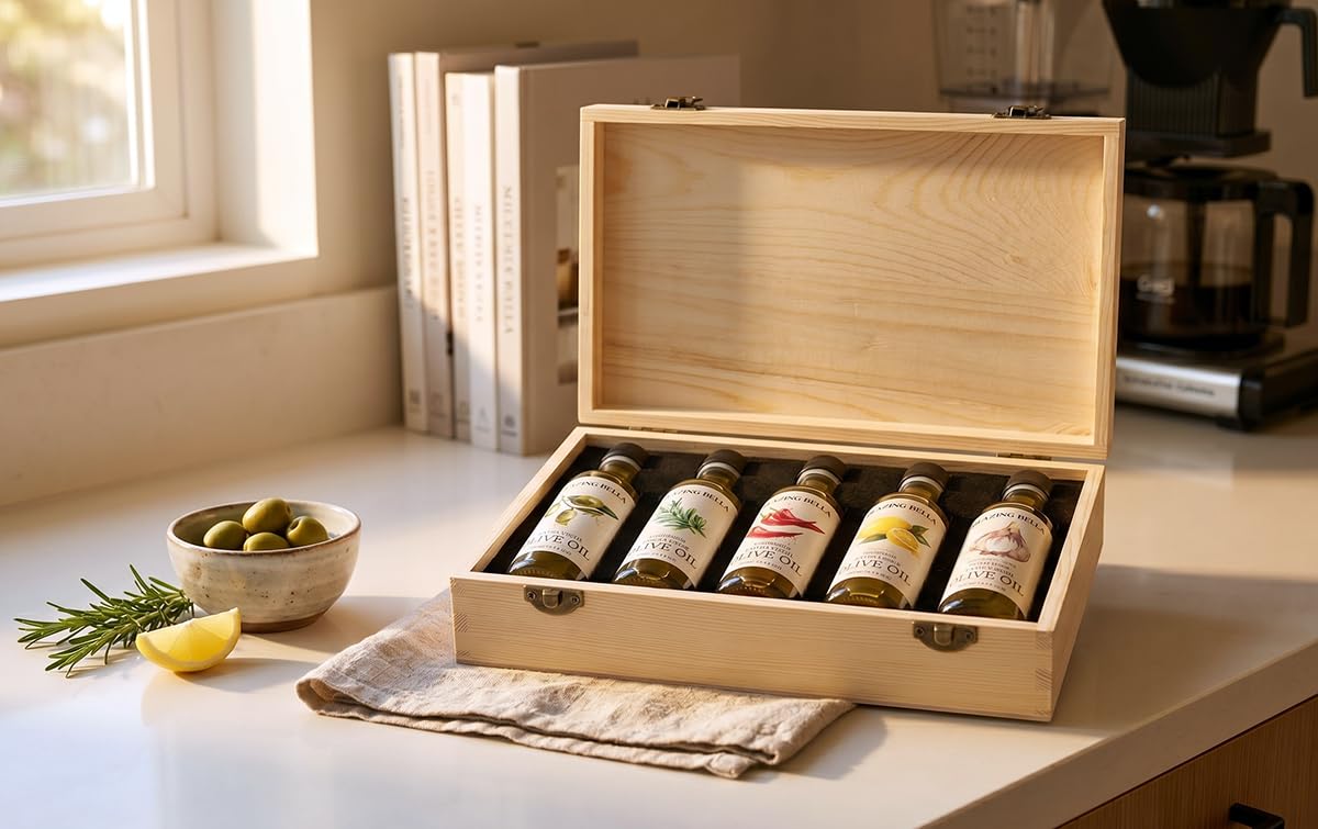 Blazing Bella Olive Oil Gift Set – Extra Virgin and Infused Olive Oil Sampler Set – Garlic, Lemon, Rosemary &amp; Smoky Jalapeño – Cold-Pressed California Olive Oil – 5 × 100ml Bottles