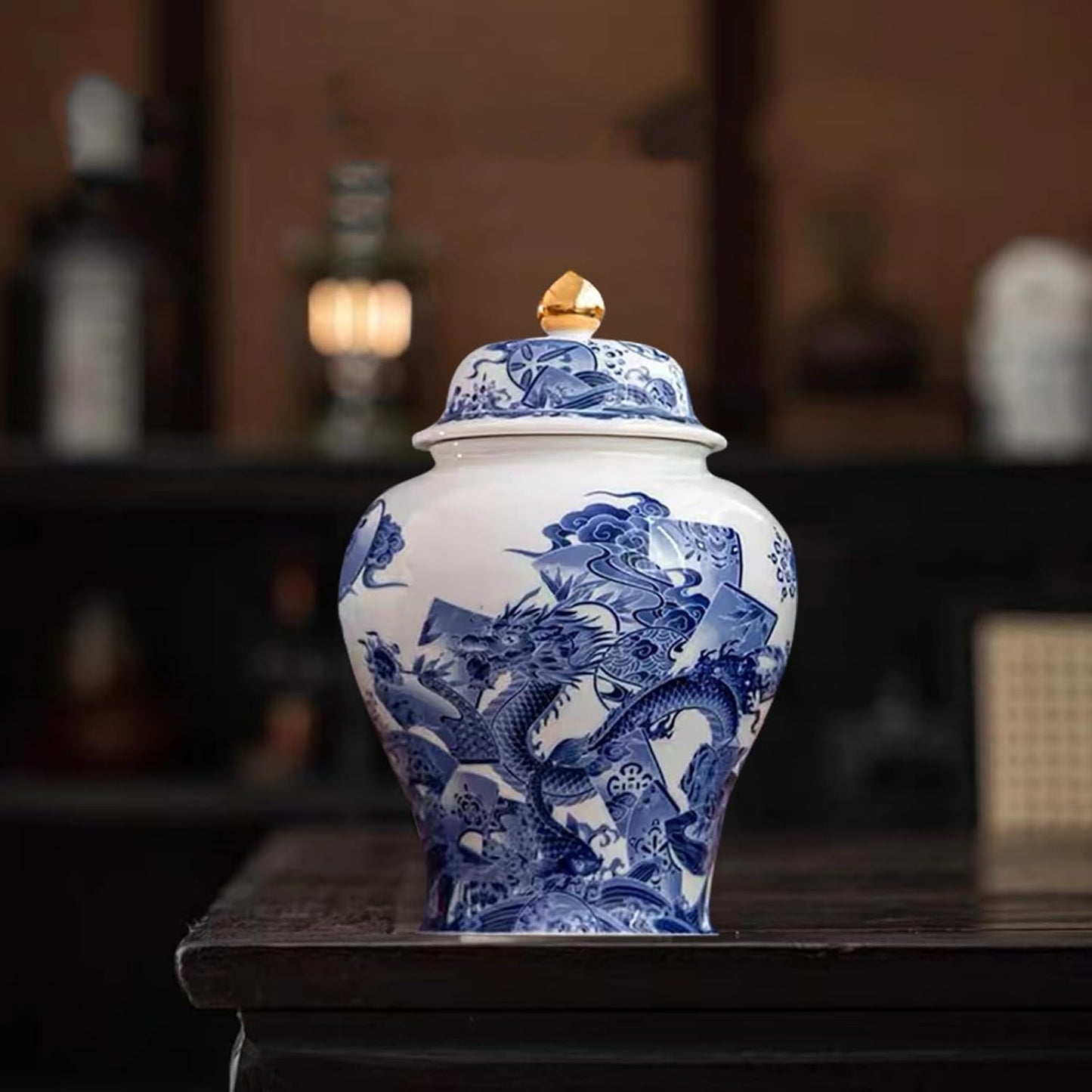8 inches dragon Ginger Jar with Lid blue white Decorative Ceramic