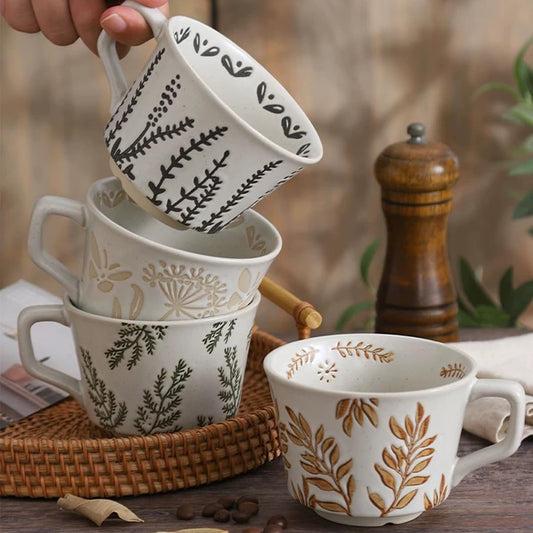 Ceramic Mug Set of 4 with Coffee Spoon, 11oz - Vintage Coffee Mug Cups for Coffee Milk Latte Cappuccino Tea, Porcelain