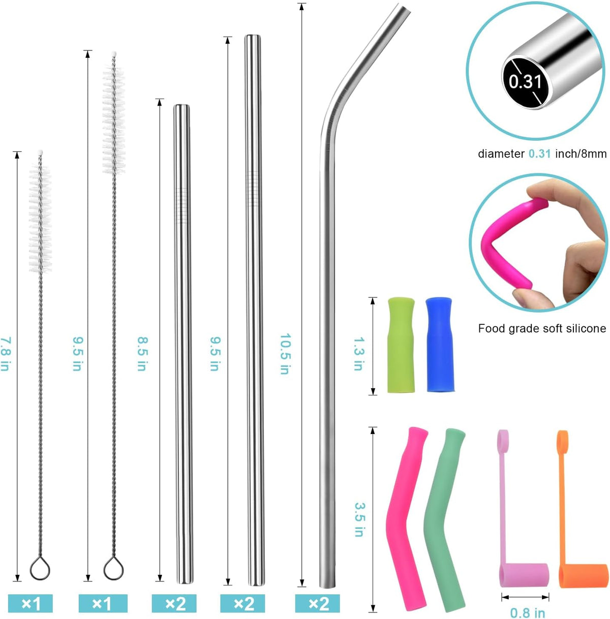 Reusable Stainless Steel Straws Set 6 PCS with 6 Silicone Tips, 2 Straw Brush, 1 Storage Case, Different Sizes of Metal Straws Reusable, Suitable for 14, 20, 30 oz Cups Tumbler, for Hot/Cold Drinks