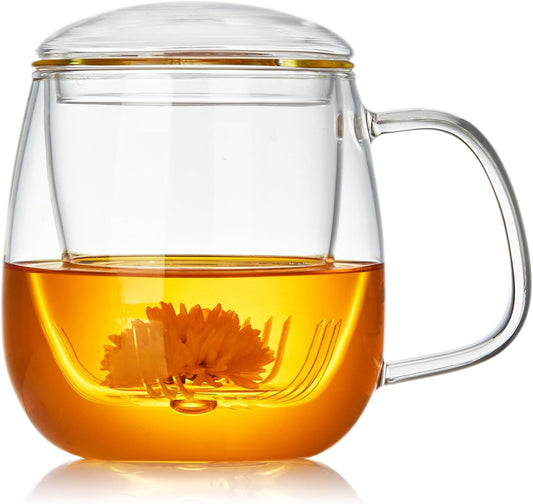 Large Glass Tea Cup, 25.6 oz Borosilicate Glass Tea Mug with Infuser and Lid, Clear Tea Cups for Brewing Scented Tea and Tea